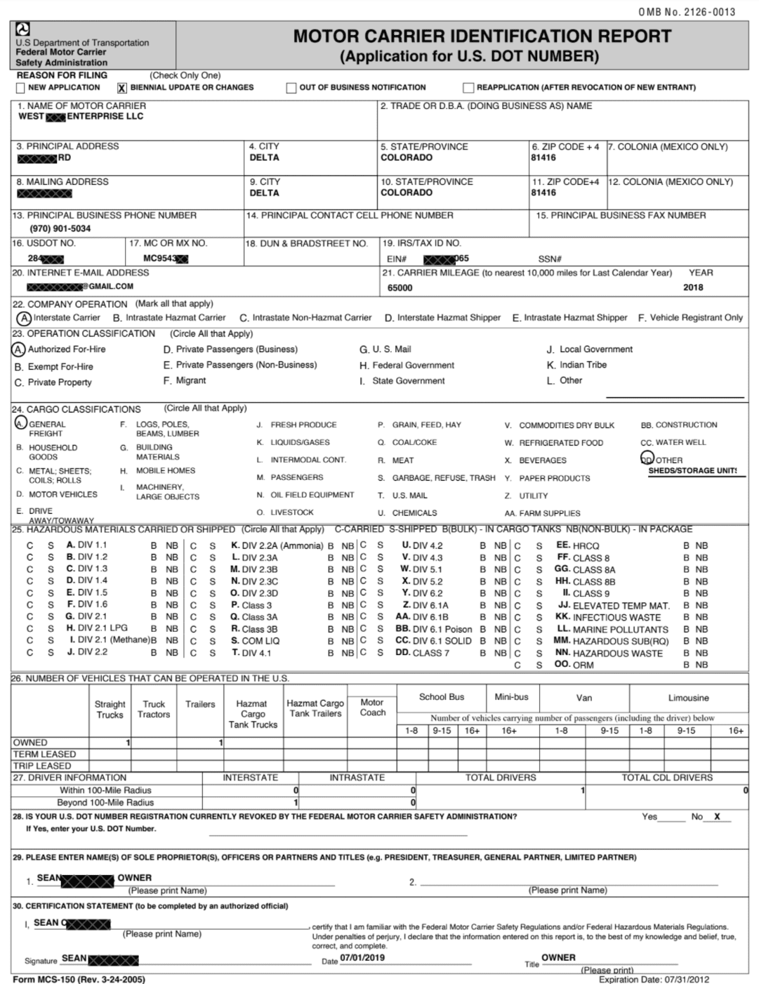 Federal Motor Carrier Safety Administration Fmcsa Biennial Update Mcs 150 Motor Carrier 7229